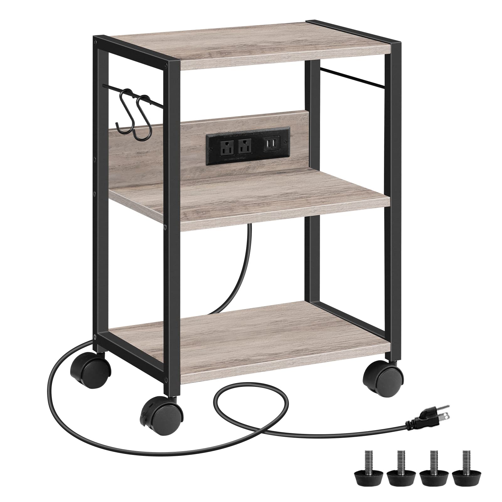 MAHANCRIS Mobile Printer Cart, 3-Tier Rolling Stand with Power Outlets and USB Ports, Ideal for Office and Living Room U