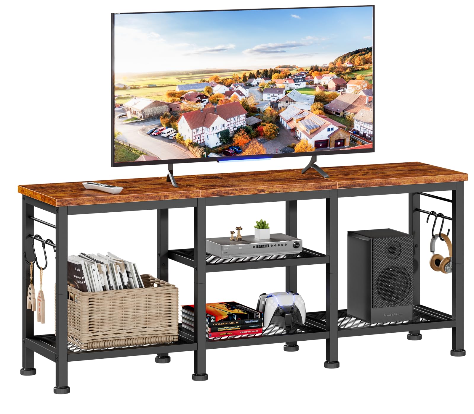 Furologee Rustic Brown TV Stand for TVs up to 55 Inch | Open Storage Shelves & Soundbar Shelf | Ideal for Living Room & 