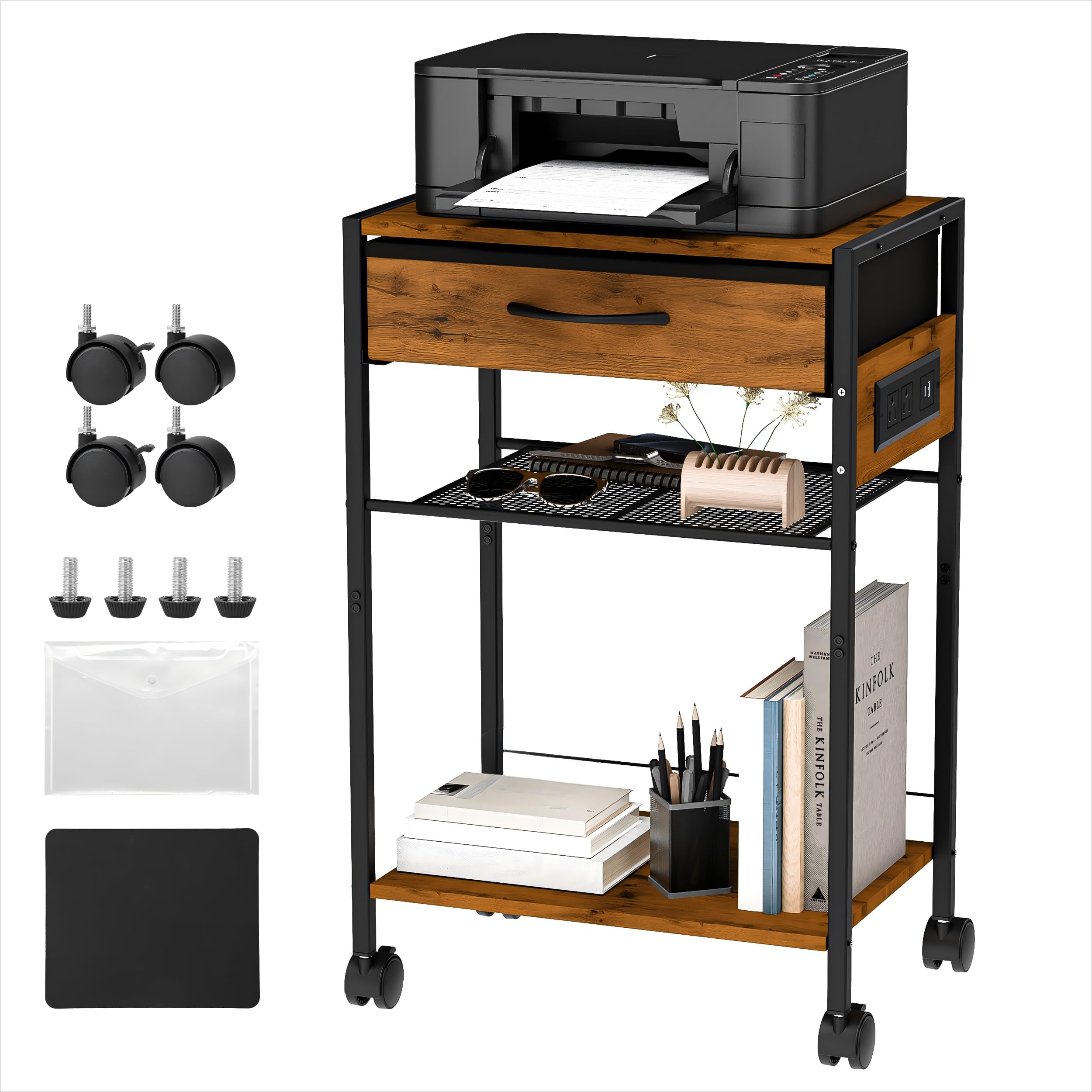 3-Tier Printer Stand with Charging Station | Wood & Metal | Home Office Rolling Printer Cart | AC, USB, C-Type Ports | S