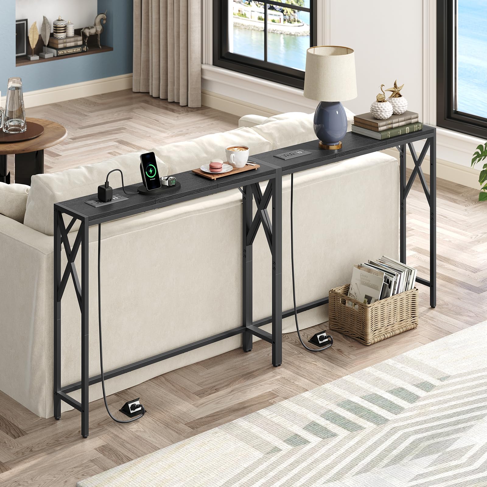 MAHANCRIS 70.8'' Narrow Sofa Table with Charging Station - sleek design for entryway & hallway, perfect for small spaces