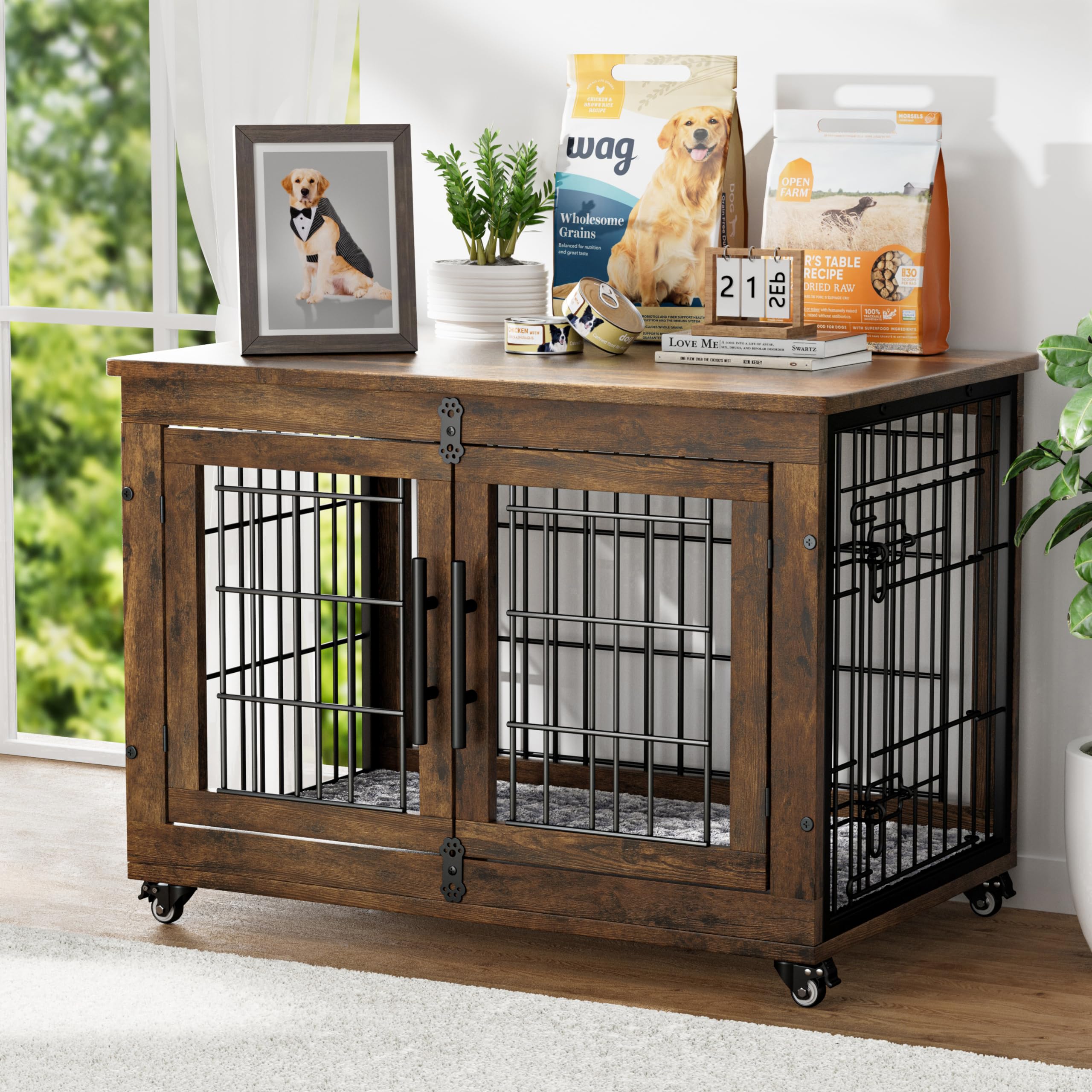 Rustic Brown Dog Crate Furniture with Cushion for Small Medium Dogs up to 45 lb | Wooden Indoor Dog Kennel with Double D